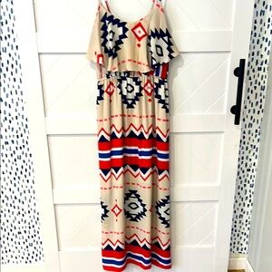 Aztec Print Maxi Dress in Red, Blue, and Cream
